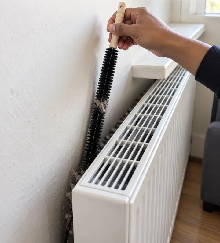 Brosse glissée entre le mur et un radiateur