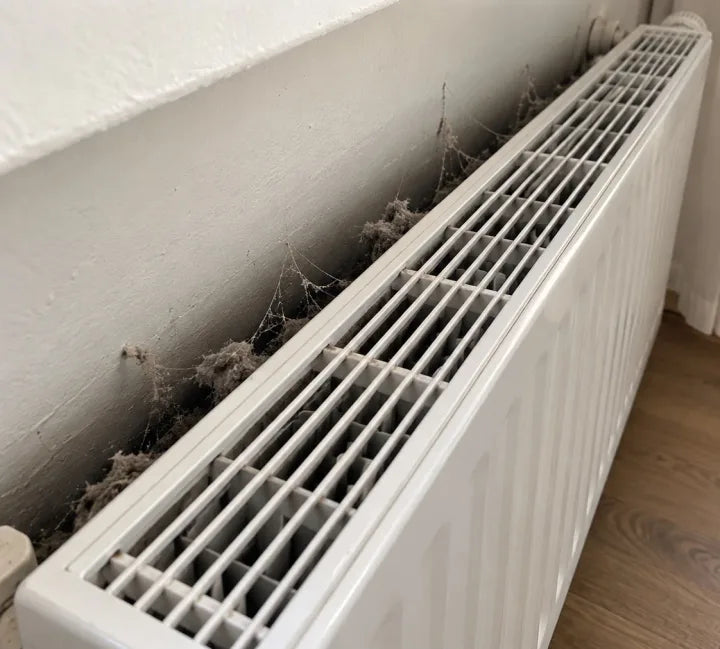 Poussière et toiles accumulées derrière un radiateur