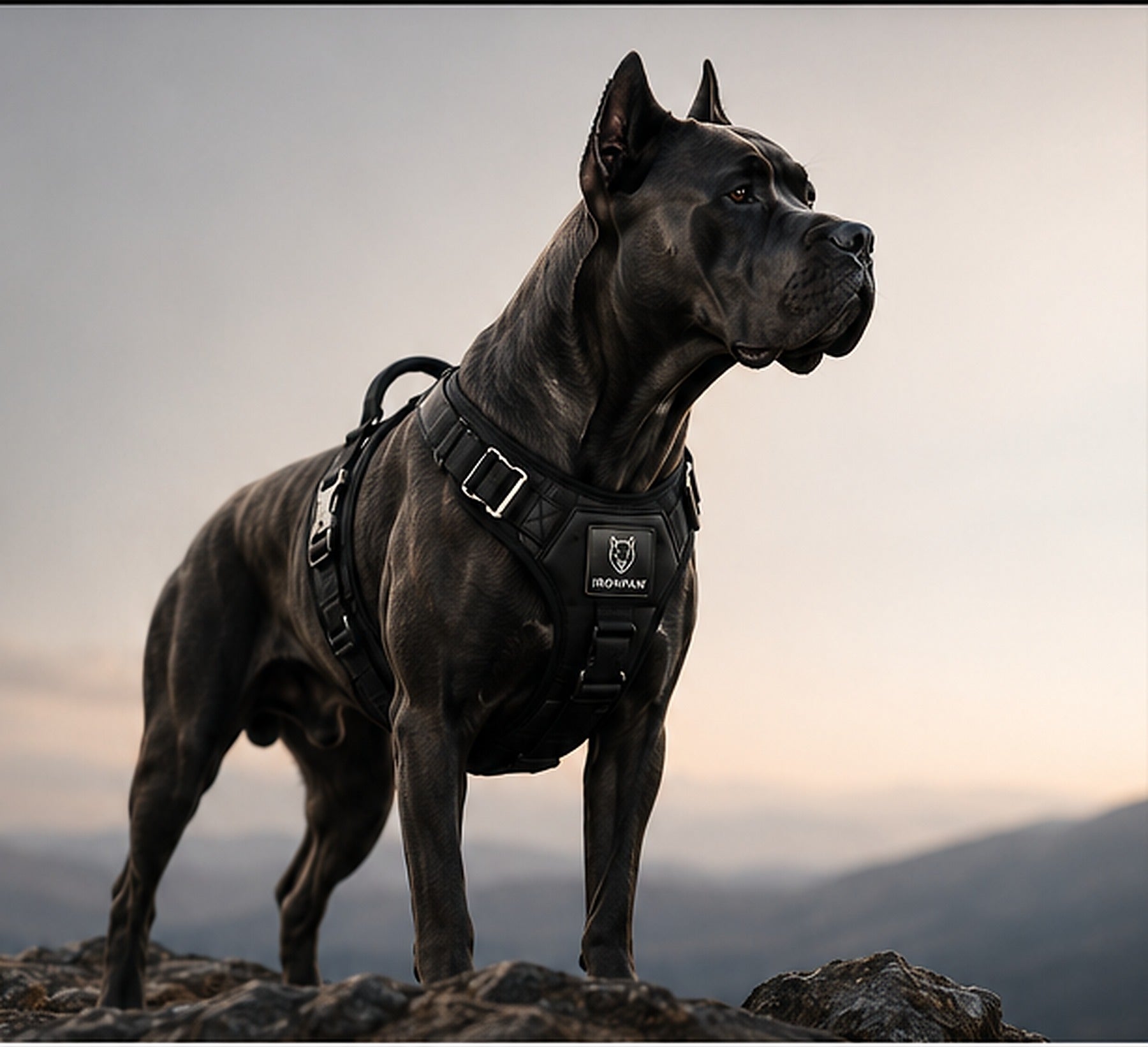 Cane Corso wearing a premium black IRONPAW harness