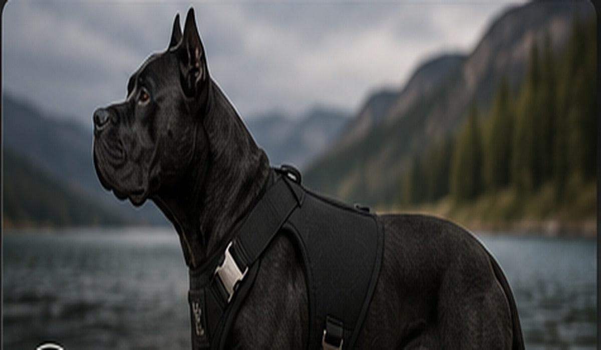 Powerful dog wearing IRONPAW harness outdoors